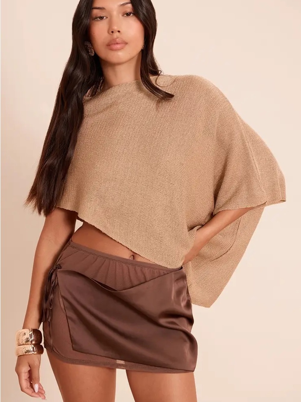 BEIGE FINE KNIT PONCHO STYLE TOP